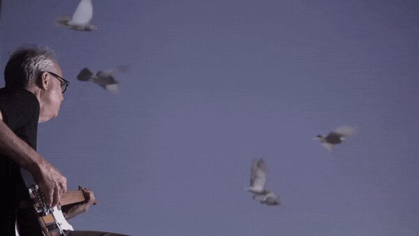 Bill Frisell plays guitar while birds cross projected Truth or Consequences footage behind him.