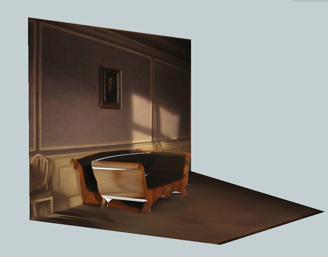 A sunlit domestic interior rebuilt as a shallow three-dimensional scene from a painting.