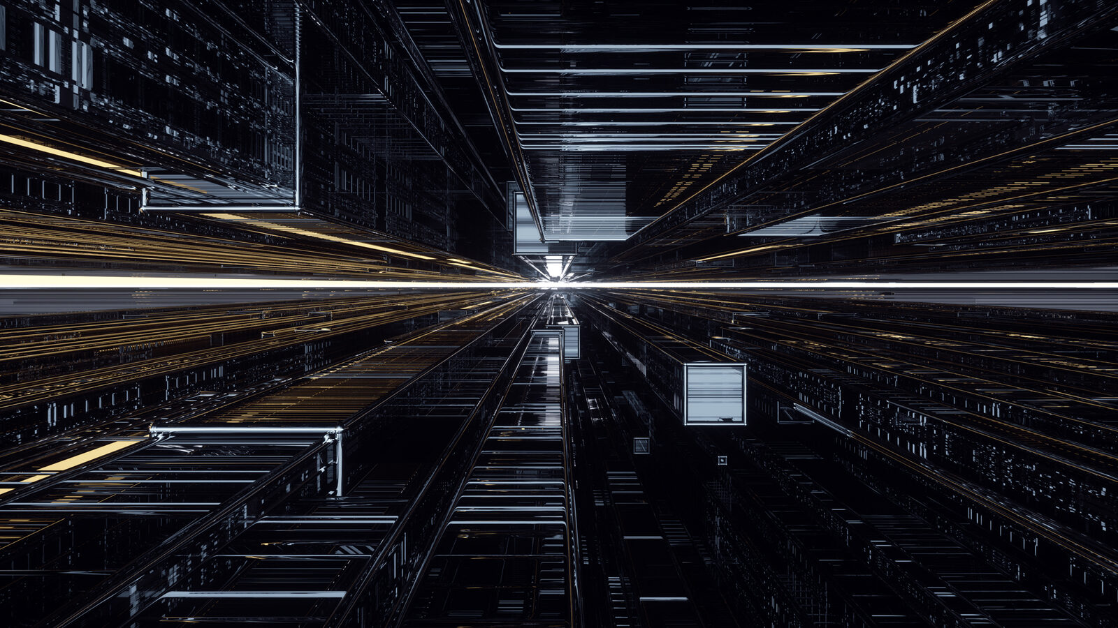 A dark virtual corridor formed from dense metallic data structures converging on a bright central opening.