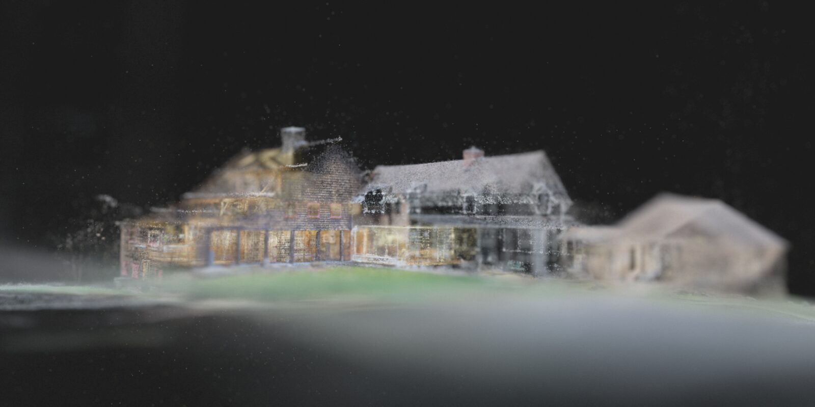 A low lateral projection test flattens the farmhouse into a long shared frontage while retaining the rooms within it.