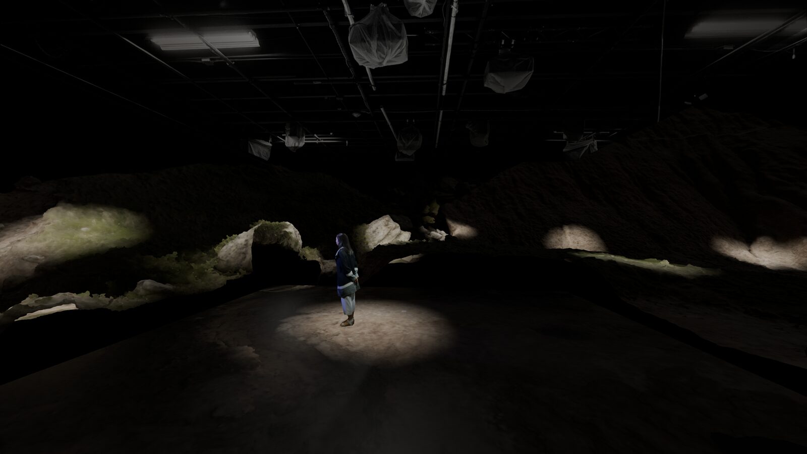 A visitor stands within a dark installation visualization as fragments of scanned terrain and Badlands formations extend beneath an exposed gallery ceiling.