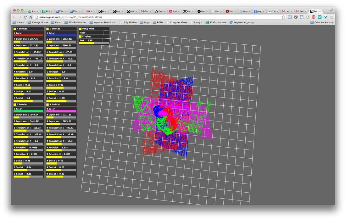 A browser-based calibration tool shows four color-coded point clouds aligned over a grid.