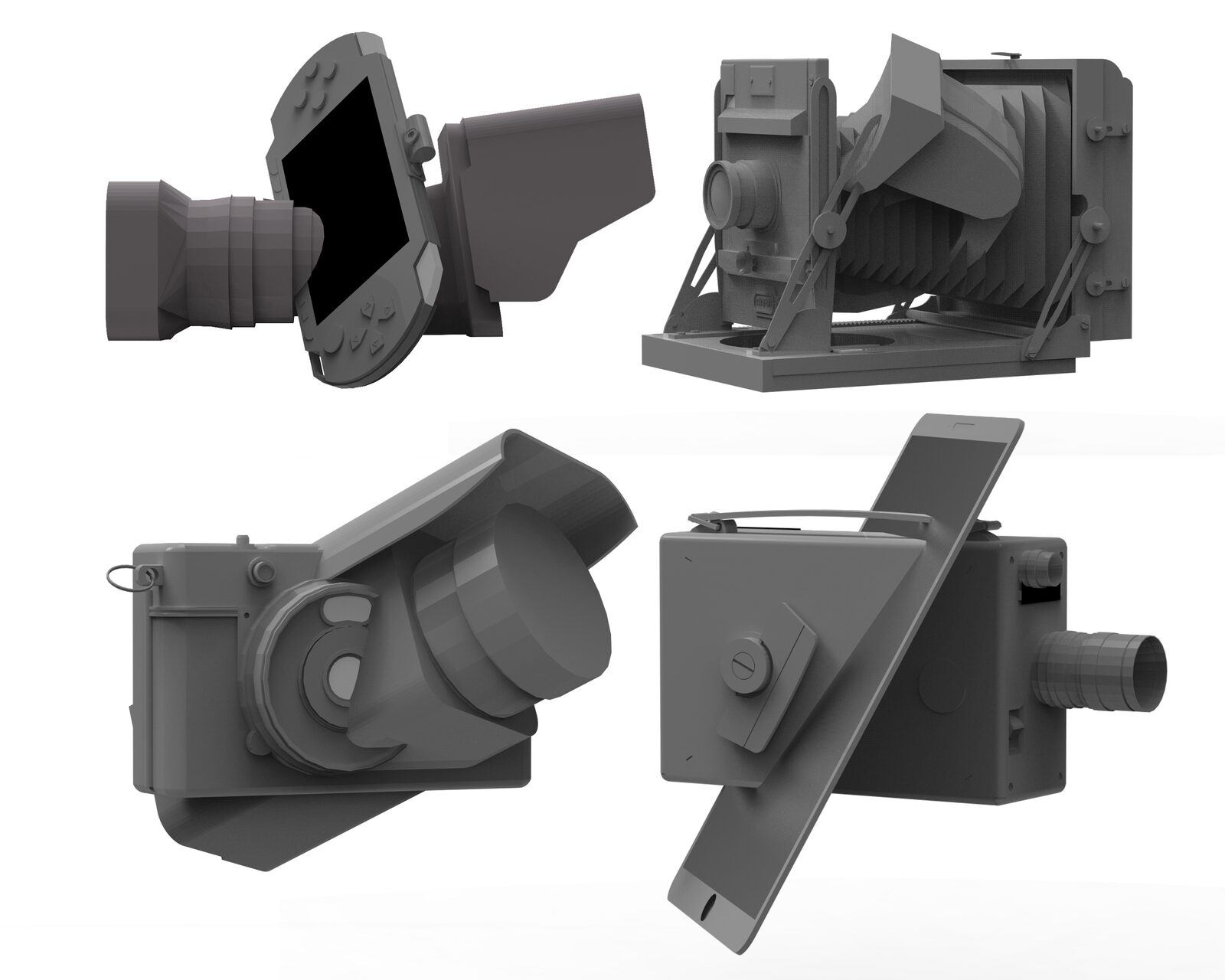 Four gray 3D models explore hybrid cameras built from cinema, large-format, handheld, and mobile-device forms.
