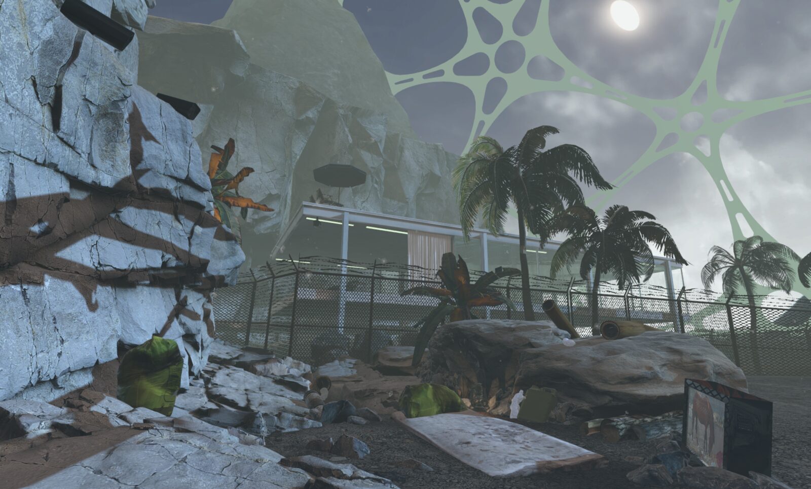Jakob Kudsk Steensen’s speculative desert world for Styles and Customs of the 2020s, with a glowing dome in a rocky landscape.