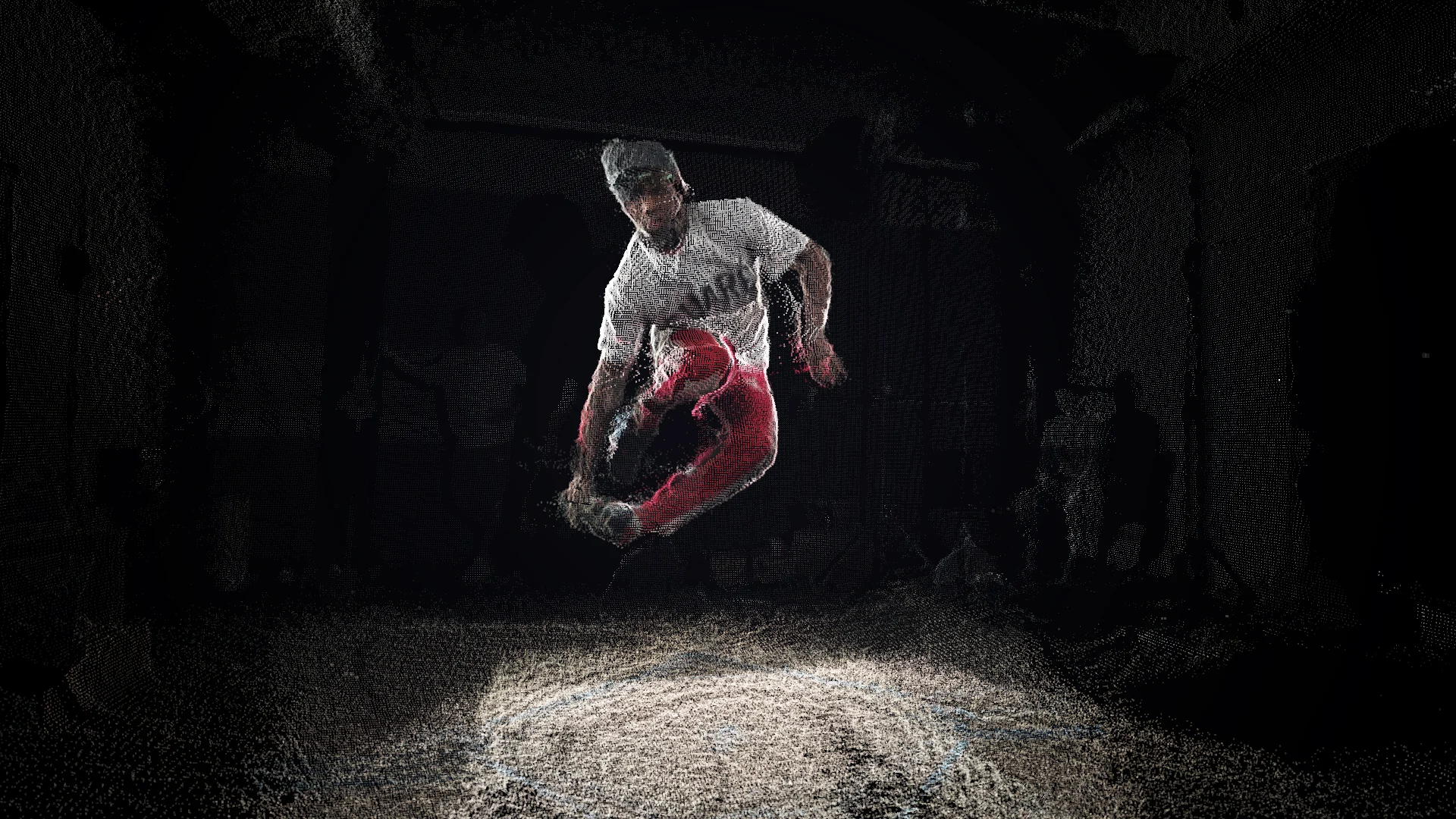A volumetrically captured passenger bends over a seated rider inside a dark point-cloud reconstruction of a subway car.