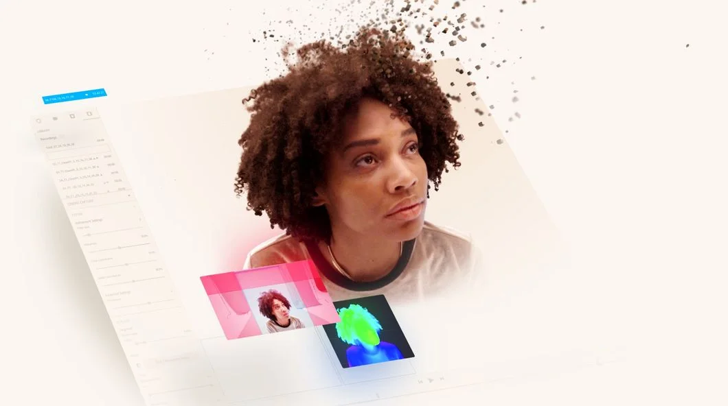 Volumetric portrait surrounded by floating Depthkit interface panels on a pale background.