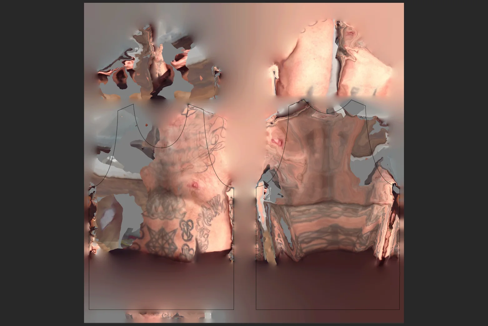 Front and back garment panels covered with the distorted skin texture extracted from a rough public-domain 123D Catch self-portrait.
