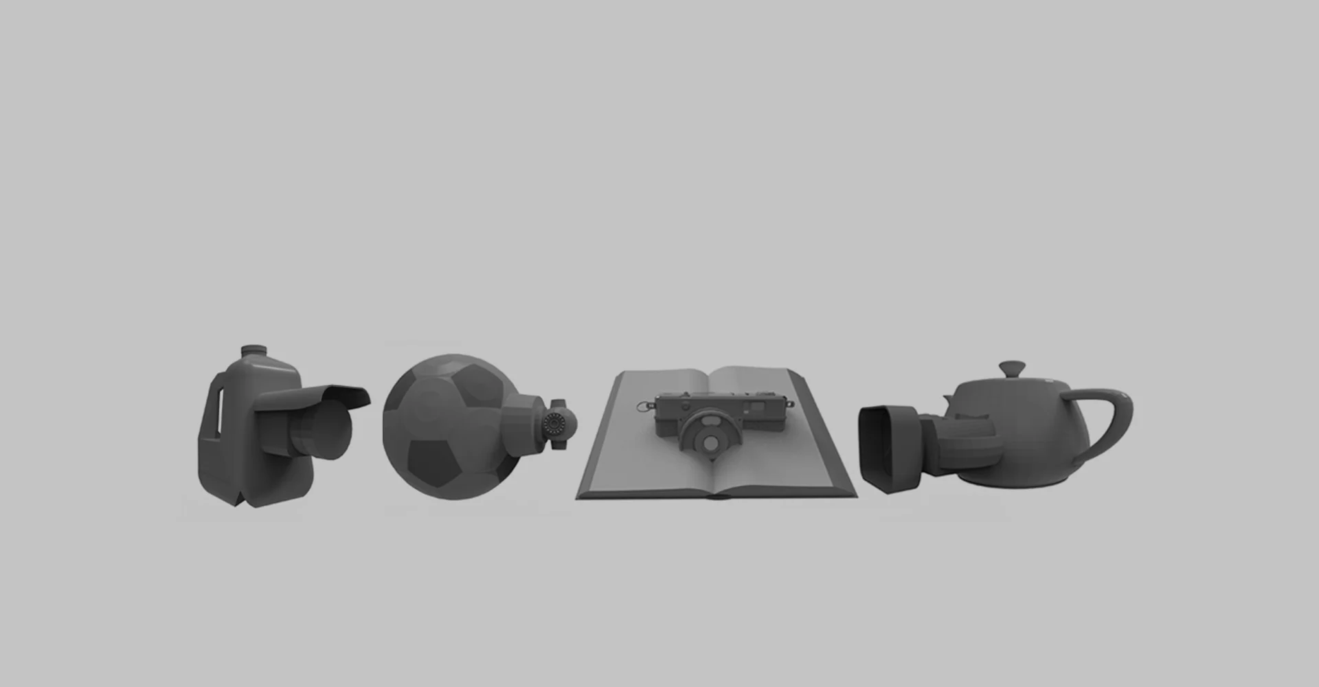 Four speculative hybrid cameras shaped like a bottle, ball, open book, and teapot.