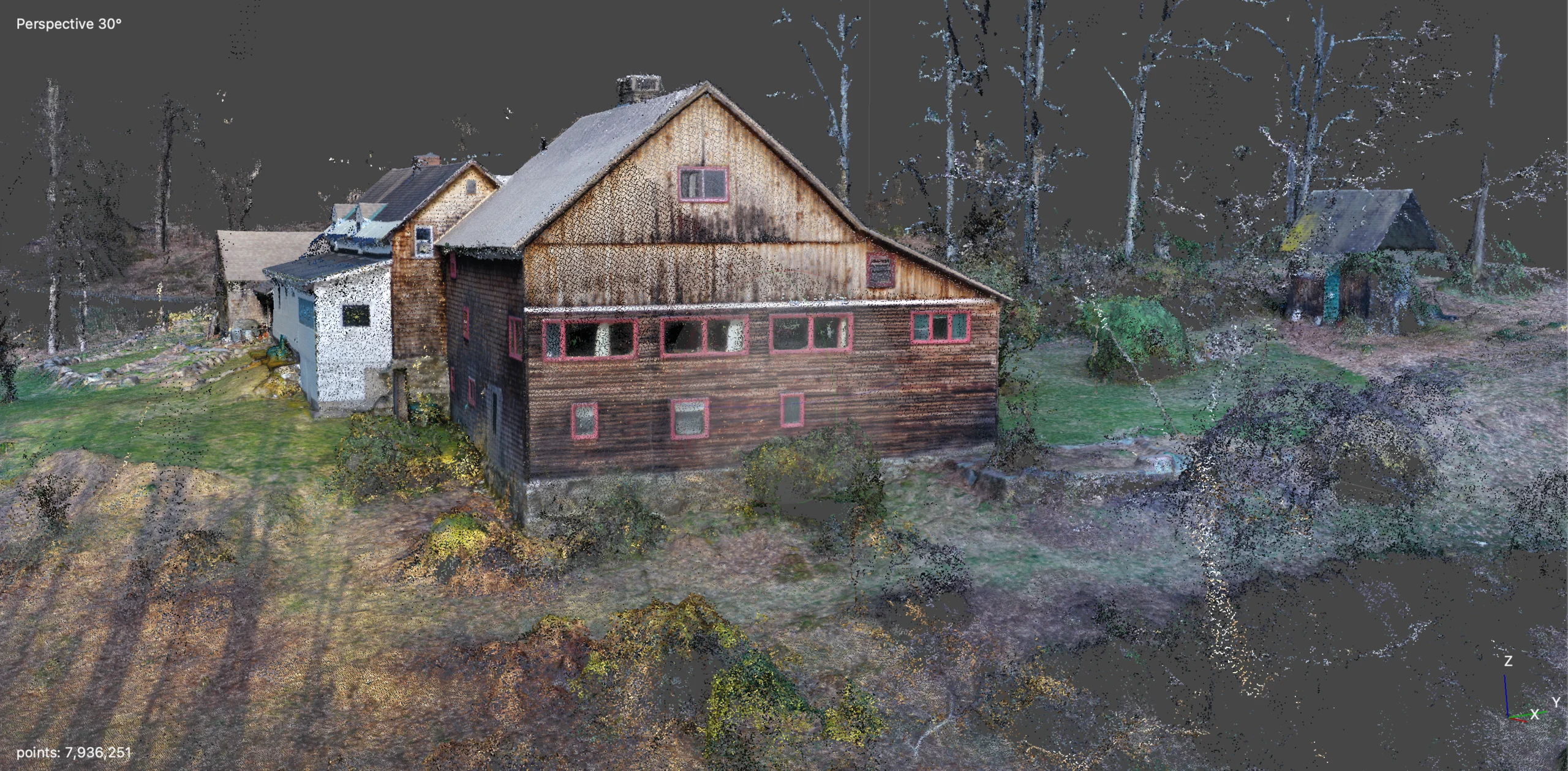 Point-cloud reconstruction of a weathered farmhouse and surrounding vegetation in a 3D viewport.