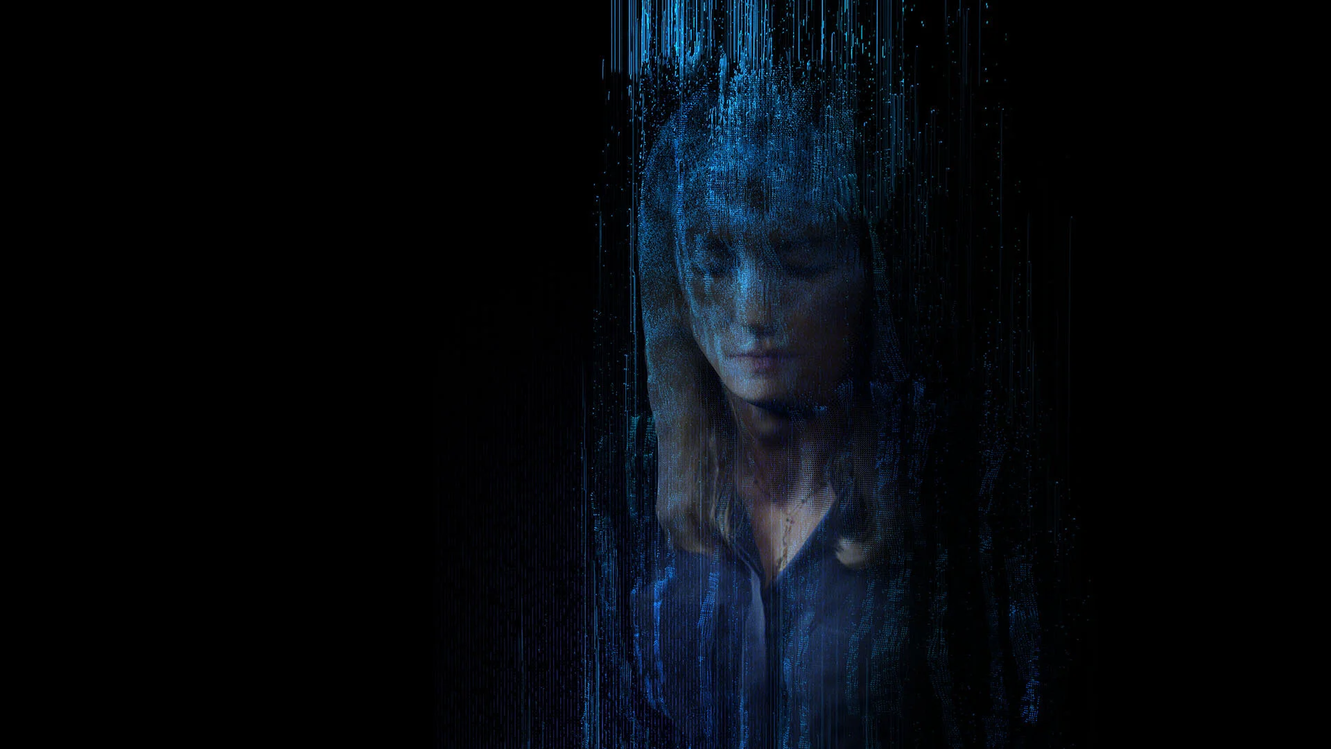 A blue-lit human face emerges from dense vertical strands of digital data.
