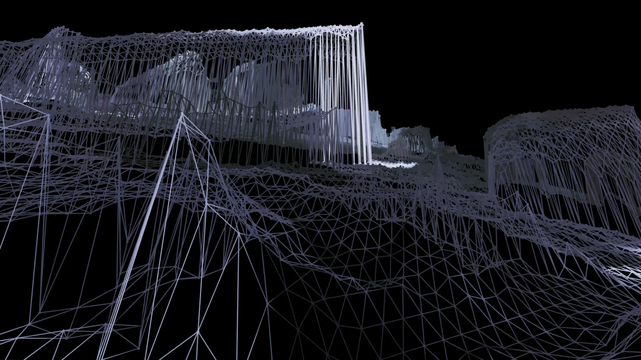 A pale wireframe architectural landscape stretches across a black background.