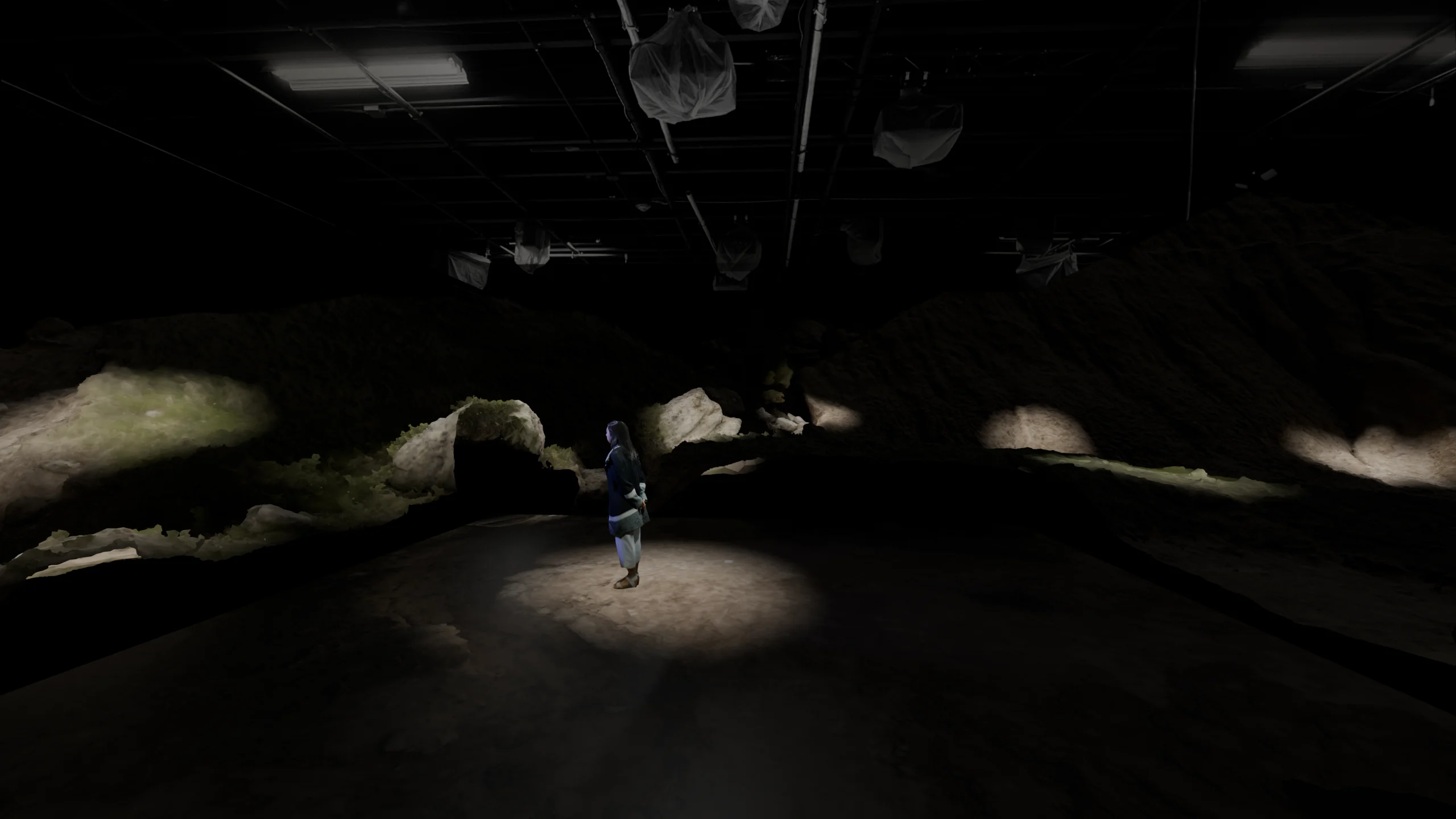 A visitor stands within a dark installation visualization as fragments of scanned terrain and Badlands formations extend beneath an exposed gallery ceiling.