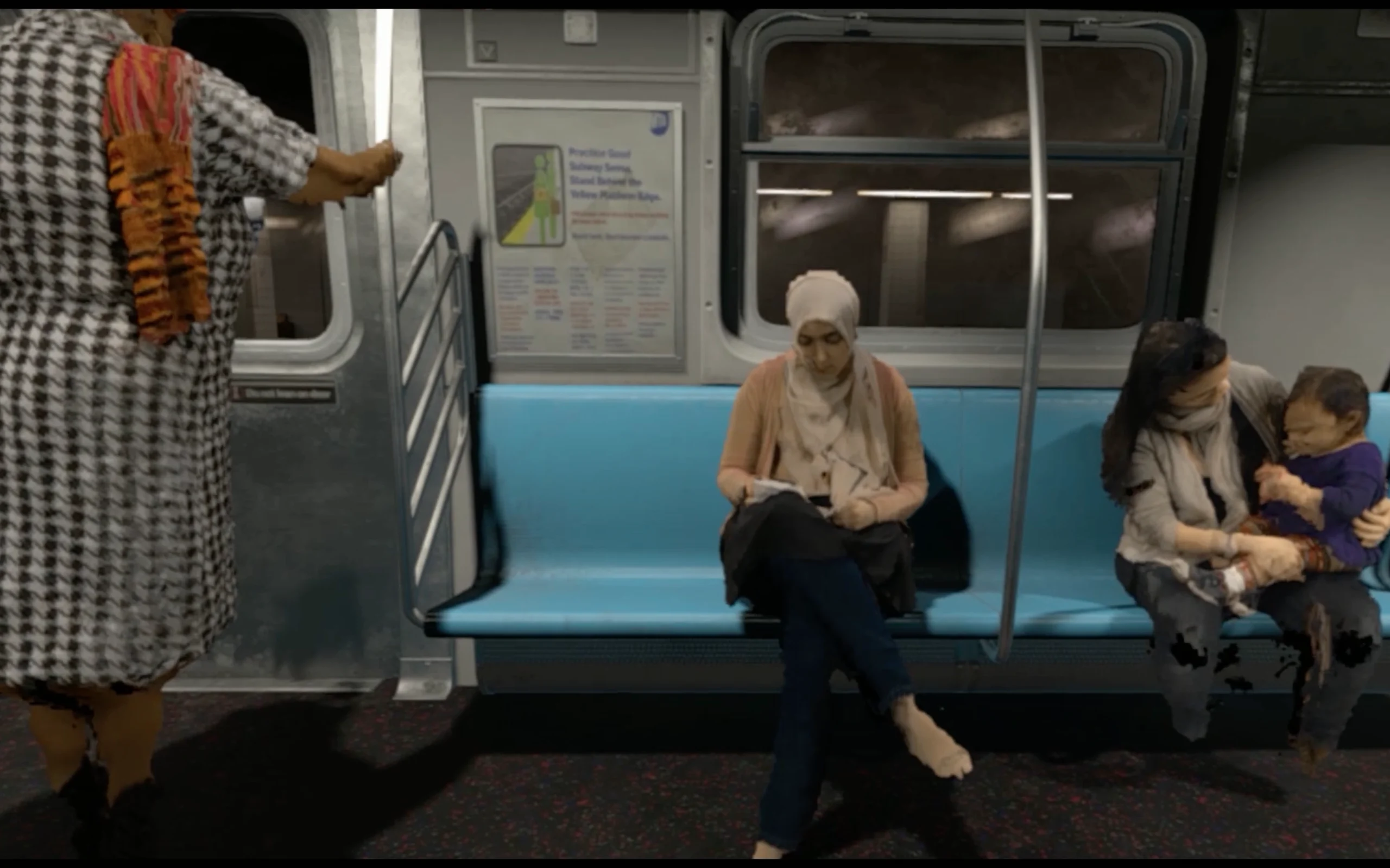 A volumetric subway scene shows seated passengers and a standing figure inside a train car.